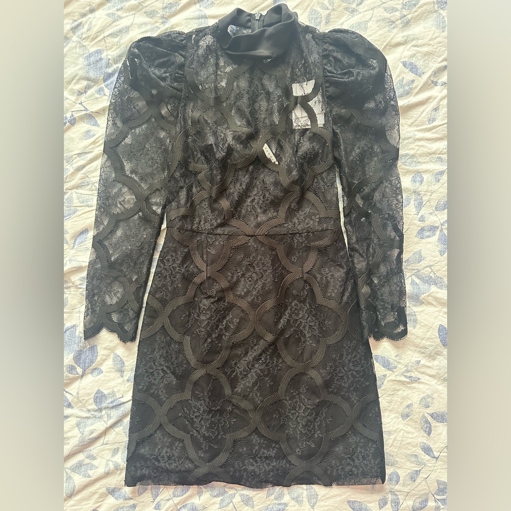 Sandro Black Lace Mini Dress 36 Romantic Gothic Chic Y2K Style Long Sleeve | NWT - Picture 2 of 13